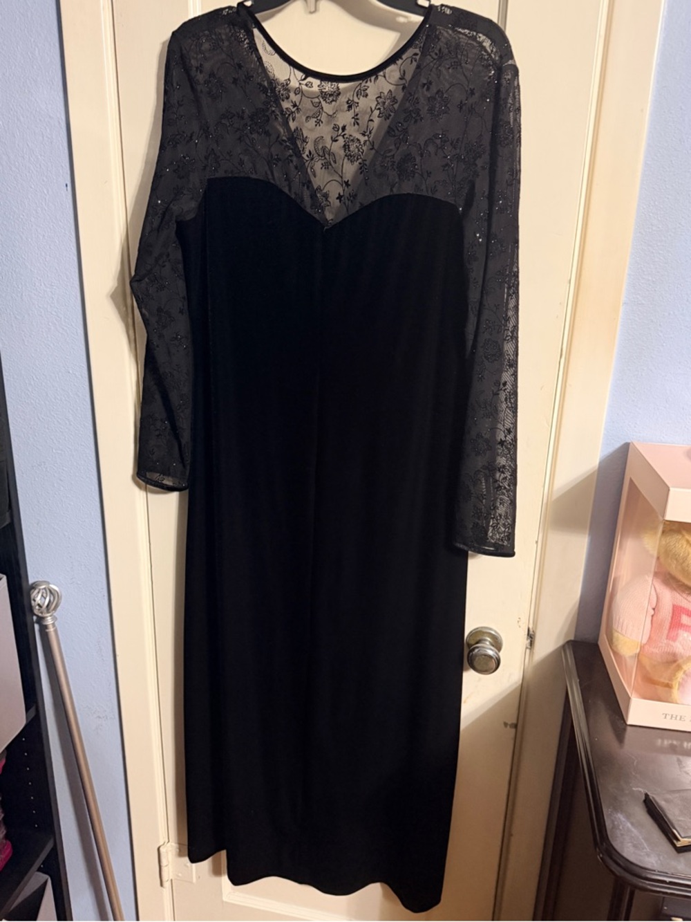 Amanda Lane Black Long-Sleeve Lace Yoke Evening Gown